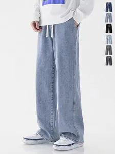 Men's American Vintage Straight Leg Jeans Summer Thin Drawstring Loose Wide Leg Denim Pants Casual Washed Retro Trousers