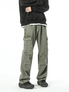 Men's loose straight leg cargo jeans in vintage olive green with utility pockets
