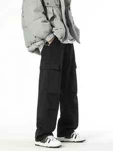 Mens Japanese loose wide leg multi-pocket cargo jeans in black casual straight fit style