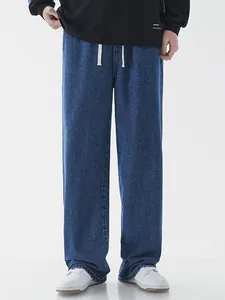 Men's retro loose straight-leg blue denim pants with white drawstring waist details