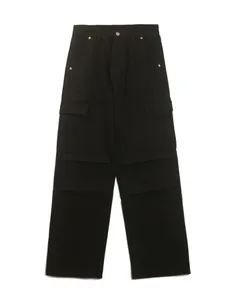 Men's loose fit black multi-pocket cargo jeans with a wide-leg straight-cut design