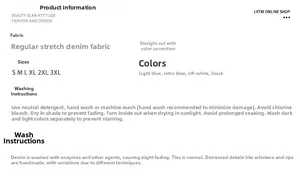 Size chart and washing instructions for slim straight-leg stretch denim jeans
