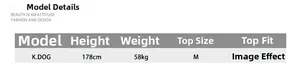 Detailed sizing chart for men's stretch denim jeans featuring model height and weight info