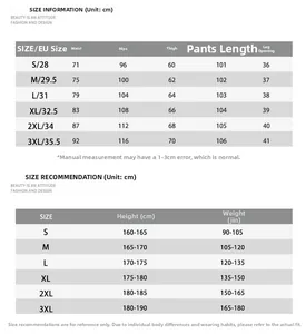 Detailed size chart for men's slim fit stretch denim jeans with height and weight guide