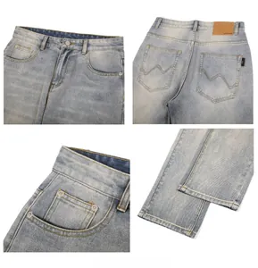 Detailaufnahme der hellblauen Denim-Textur mit Wascheffekt und Kontrastnähten an der Jeans