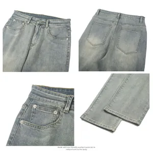 Detail view of light blue eco-wash denim pants with reinforced pockets and metal hardware