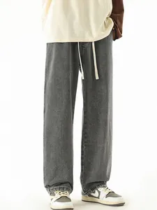 Men's retro wash smoke gray wide-leg straight denim pants with drawstring waist