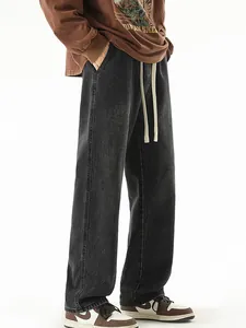 Men's loose fit straight-leg denim jeans with elastic drawstring waist in vintage black