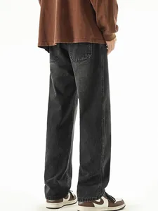 Men's retro wash dark gray wide-leg straight denim jeans shown from back view