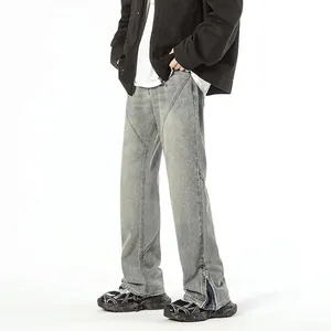 Men's American High Street Washed Straight Jeans Vintage Cotton Spliced Pants With Metal Zipper Hem For Men Streetwear