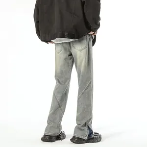 Men's washed flare jeans with back ankle zippers and a vintage street vibe