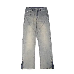 Men's vintage washed light blue flare jeans with V-seam and hem zippers
