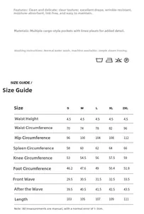 Detailed size chart for men cargo pants showing waist and length measurements for S-2XL