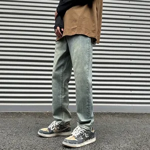 American Retro Men's Straight Leg Jeans Distressed Washed Cotton Blend Denim Pants Vintage Streetwear Casual Long Trousers