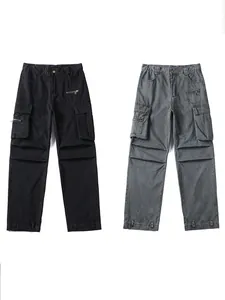 Retro multi-pocket cargo pants for men in black and grey with adjustable hem and side zips