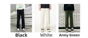 Mens loose carpenter pants shown in black, white, and military green with rivet details