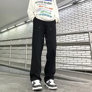 Men's Loose Straight Work Cargo Pants With Double Knee Reinforcement Metal Studs American Streetwear Cotton Trousers