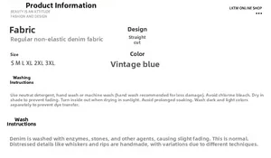 Detailed washing guide and material specifications for retro blue straight-leg denim jeans