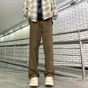Men's loose straight double knee work pants with rivets in brown heavy canvas material