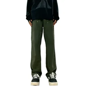Men's dark green double knee workwear pants in a loose straight fit streetwear style