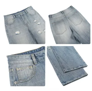 Detailed views of light blue washed distressed denim jeans with rip details and stitching