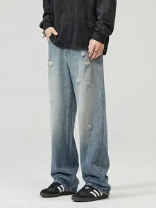 Men's American Retro Ripped Washed Denim Jeans Loose Wide Leg Straight Pants Vintage Blue Streetwear Casual Trouser