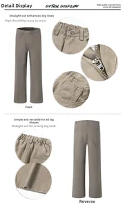 Detail of khaki straight-leg chinos featuring elastic waistband and metal zipper closure