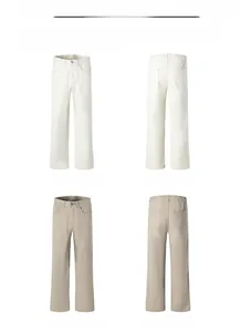Flat lay display of off-white and apricot casual straight-leg pants in front and back views
