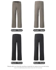Front and back view of khaki and black straight leg relaxed fit casual trousers