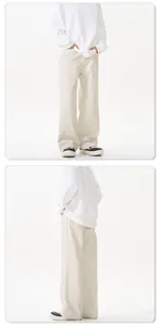 Front and back view of loose straight-leg casual pants in beige with side pockets