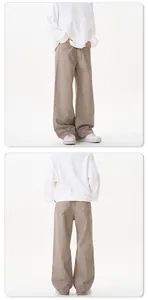 Front and back view of khaki wide-leg casual pants in cleanfit straight cut design