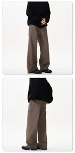 Front and back detail of brown wide-leg straight trousers with a semi-elastic waist