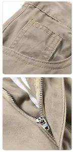 Detailed close-up of khaki casual pants showing reinforced stitching and durable metal zipper