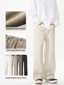 Men's Casual Cotton Chinos Loose Straight Leg Pants Half Elastic Waist Solid Color Breathable Trousers Daily Wear