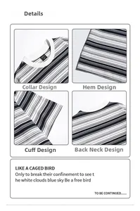Detail view of the crew neck, hemline and stitching of the black and white striped T-shirt