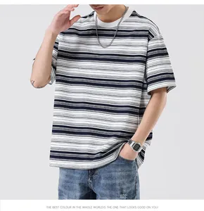 Close-up of black and white striped texture on Japanese style crewneck cotton T-shirt