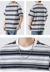 Close-up detail of retro striped t-shirt with waffle knit texture and ribbed crew neck