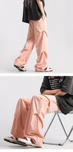 Detail showing layered design of light pink quick-dry cargo pants with street style texture