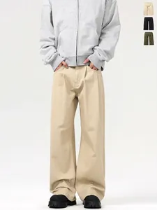 Men Japanese Retro Loose Straight Casual Pants Pure Cotton Breathable Mid Waist Zipper Fly Daily Versatile Trousers