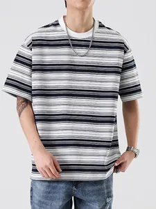 Men's 100% Cotton Striped T-Shirt Japanese Vintage Crew Neck Short Sleeve Loose Casual Top For Men Teenagers
