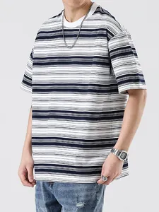 Men's retro oversized t-shirt with blue and white stripes and a classic crew neck