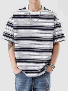 Men's retro striped crewneck t-shirt in loose fit with blue and grey contrast stripes