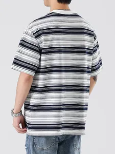 Men's Japanese style retro striped short sleeve T-shirt with white crew neck