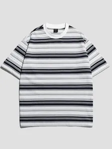 Japanese retro black and white striped cotton T-shirt with a relaxed crew neck design