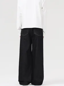 Retro loose straight fit dark indigo denim jeans with back pocket contrast stitching detail