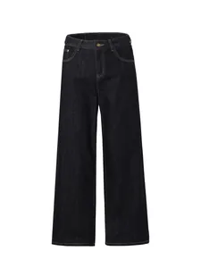 Classic loose fit dark denim jeans with high waist and contrast stitching for men and women