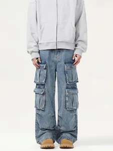 Jean Cargo Délavé Rétro Américain pour Hommes Multi-Poches Coupe Droite Large Pantalon en Denim de Coton Streetwear Hip Hop Ample