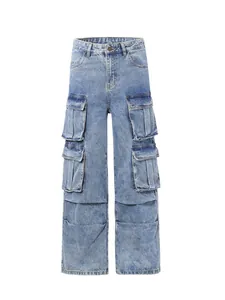 Jean cargo vintage délavé bleu clair pour hommes avec poches multiples et coupe droite large