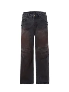 Jeans a gamba larga grigi distressed con lavaggio vintage e dettagli di cuciture a pieghe