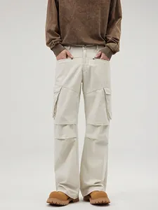 Pantalon Cargo en Coton pour Hommes Jambe Droite Poches Multiples Streetwear Décontracté Blanc Abricot Mode Extérieure